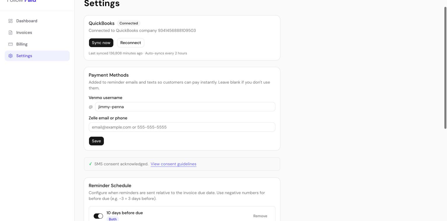 FollowPaid Settings page showing the SMS consent acknowledgment requirement